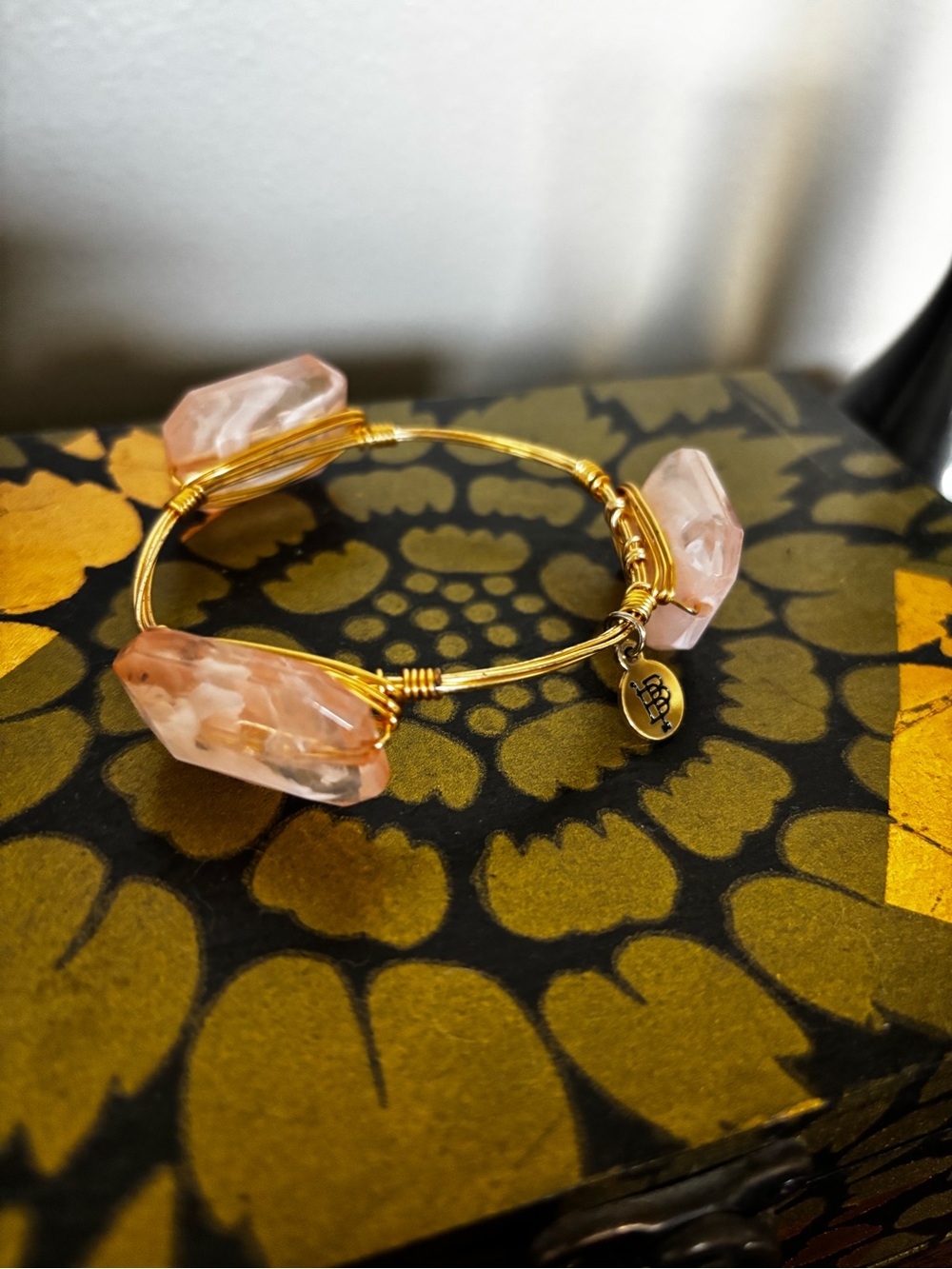 Bourbon and Bow ties Gold Wire Bangle with Rise Quartz Gemstone Accents - Picture 2 of 3